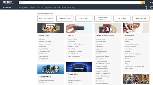 Screenshot of Amazon Categories List